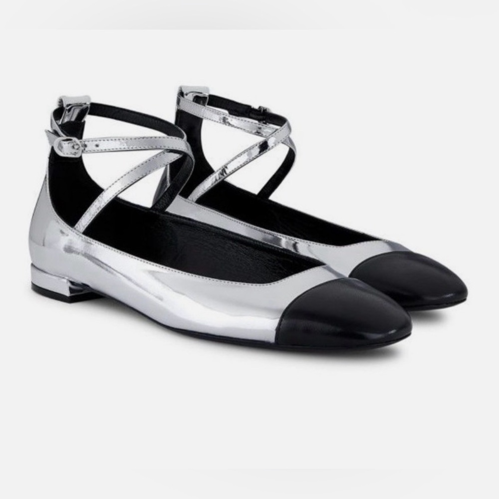 Stuart Weitzman Silver and Black Mary Jane Flats with Ankle Strap